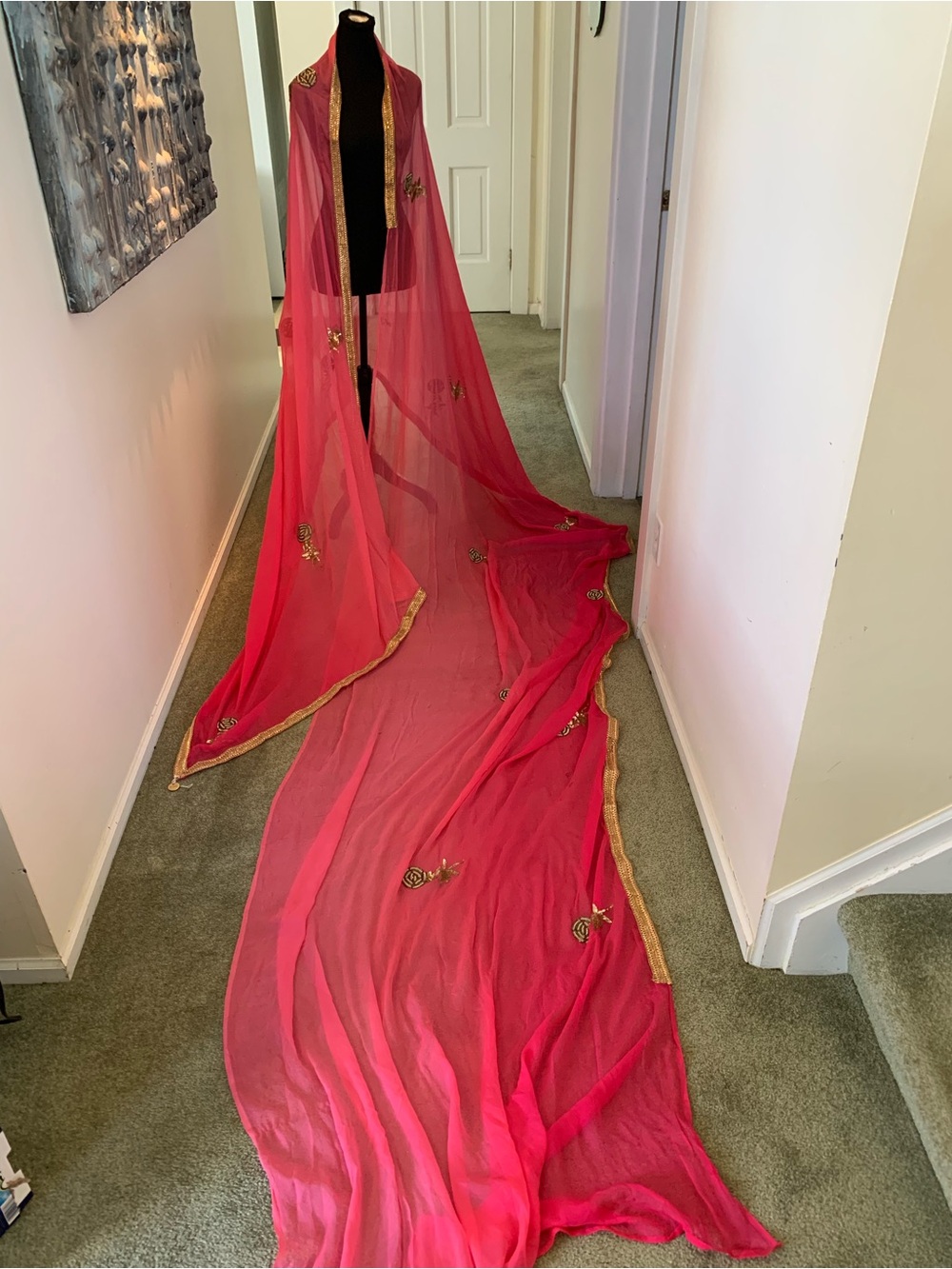 Long Sheer Saree Ombré Pinks with Gokd roses and Gold Trim 200”x45”